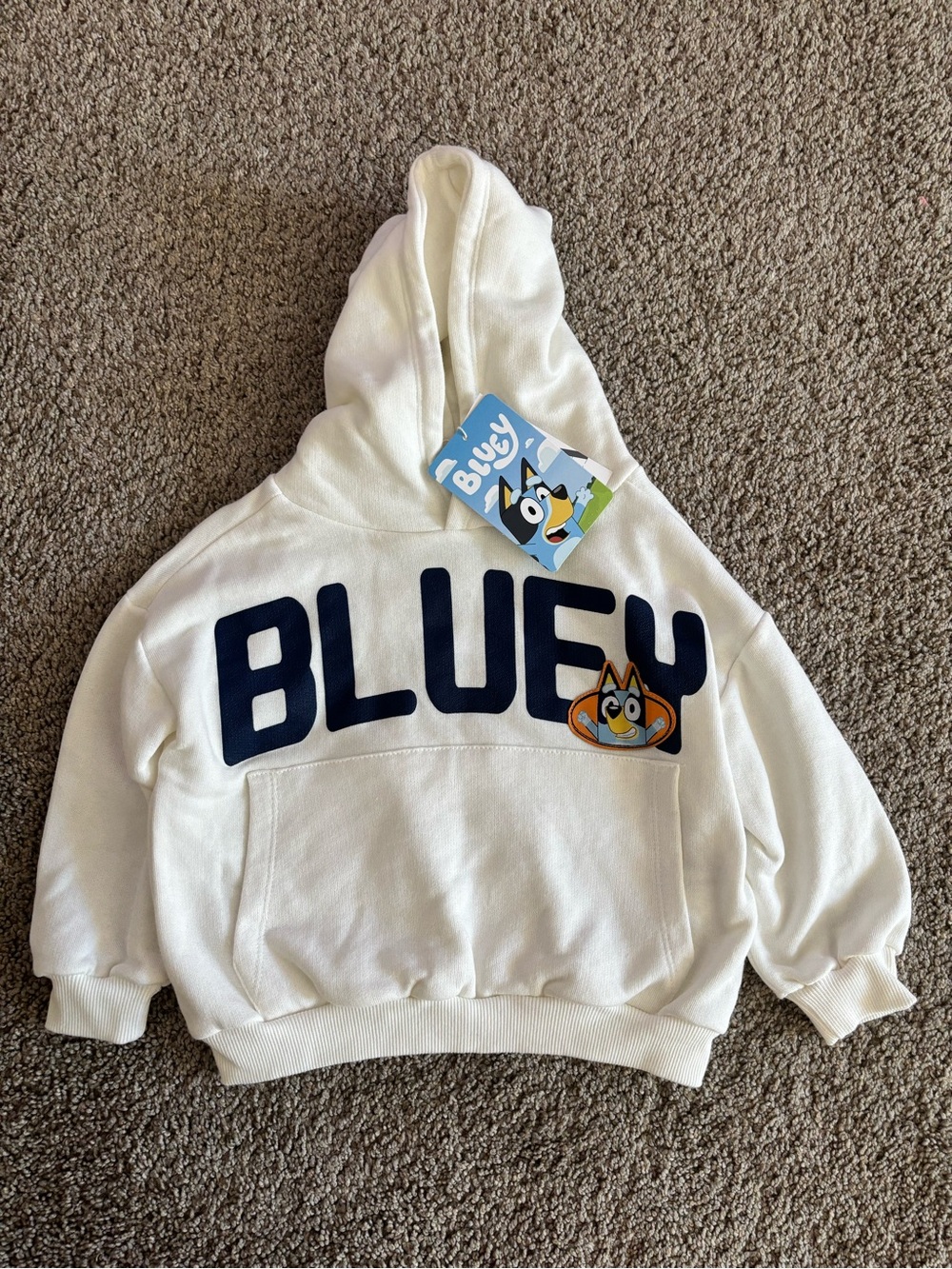 Zara White Kids Hoodie with Navy 'BLUEY' Logo and Cartoon Patch